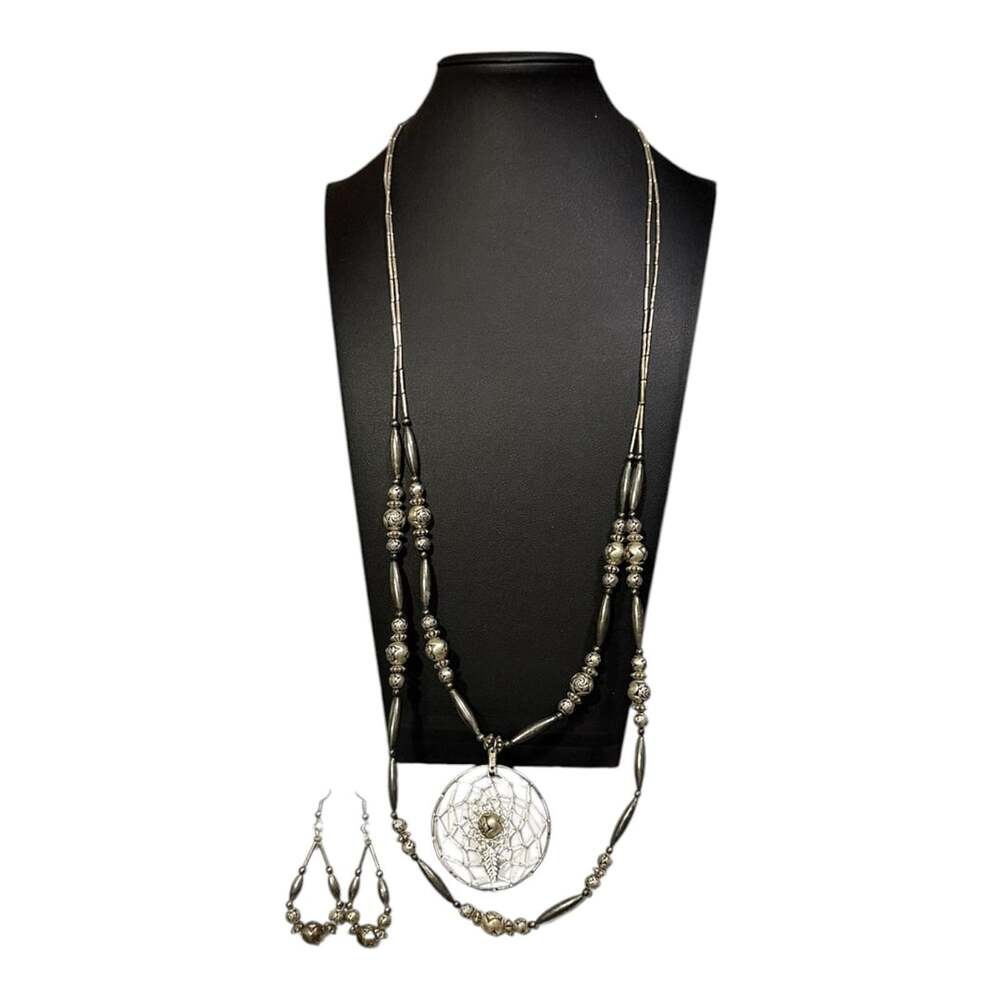 VTG Liquid Silver Sterling Dream Catcher Necklace & Matching Earrings
